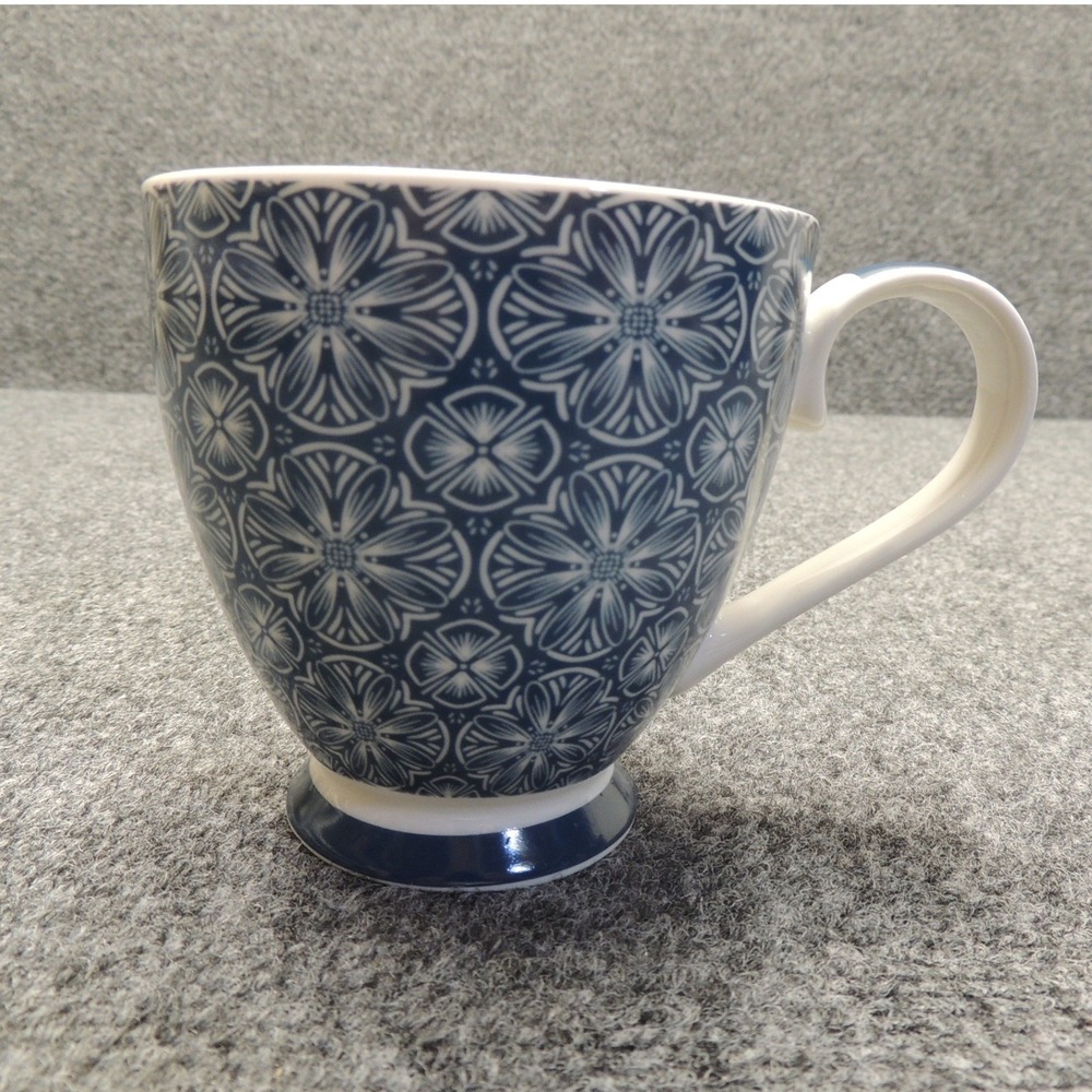 The English Mug Co Coffee Mug Unisex OS Blue Floral Geometric Footed Tea Cup